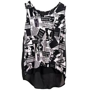 YETTS Los Angeles Black‎ White Newspaper Print Sheer Back Tank Top